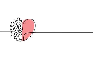 One continuous line drawing of half of a human brain and love in the shape of a heart logo icon vector