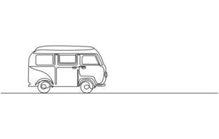 Continuous one line drawing of a trip van, Van vehicle continuous line drawing. Happy people during vacation holiday vector
