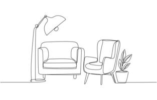 One continuous line drawing of couch and lamp and plant. vector