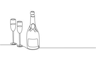 wine bottle and glass one line continuous drawing illustration. vector