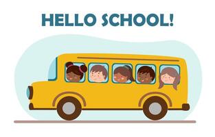 School bus with children. Back to school concept. Childrens school elements. Back to school poster. vector