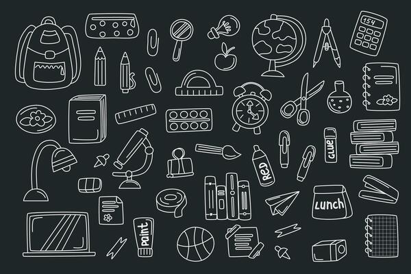 Back to school doodle. Childrens school collection. Stationery elements set. Back to school concept.