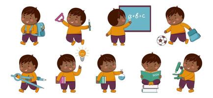 Childrens school collection. Set of black skin schoolboys with school elements isolated on white. Back to school concept. Children supplies cute. vector