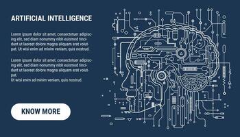 AI concept. Artificial Intelligence banner. Big Data concept. Electronic digital brain, circuit board and human head outline in flat style on a dark background. vector