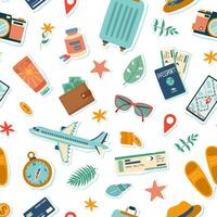 Travel seamless pattern. Travel and summer concept. Background of travel objects isolated on blue. Hand drawn flat illustration. vector