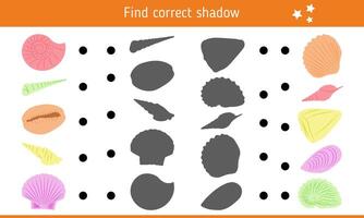 Find Correct Shadow for Seashells. Children's Educational Game, Logical Task. Riddle, Quiz For Kids. vector