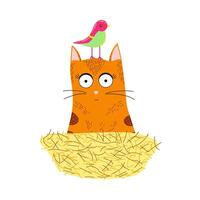 Red Cat in a Nest with a Bird on Its Head vector