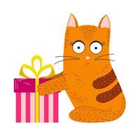Red Cat Sits and Holds a Gift in Its Paws vector