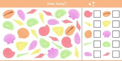 How Many Seashells. Children's Educational Game, Logical Task. Riddle, Quiz For Kids. vector