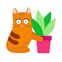 A Ginger Cat Sits and Holds a Flowerpot with a Flower in Its Paws vector