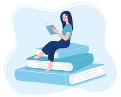 A woman reads a book while sitting on a pile of huge books. Modern flat illustration. vector