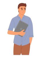 Man holding laptop in his hands. Office worker. vector