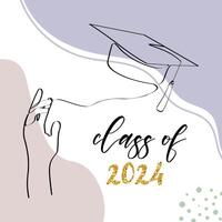 Class of 2024. One line art with student tossing up his graduation cap. Trendy one line draw design graphic vector