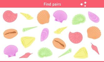 Find Pairs For Seashells. Children's Educational Game, Logical Task. Riddle, Quiz For Kids vector