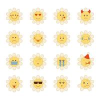 A set of daisy daisy emoticons in flat retro groovy style. Different emotions. Illustration on white background. vector