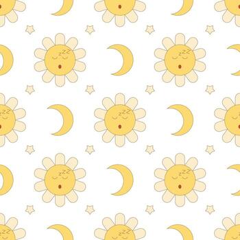 A simple seamless pattern of cartoon sleeping daisies. Flat retro groovy style. vector