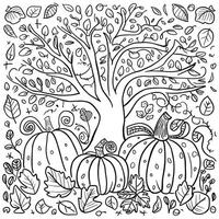 Autumn pumpkin patch coloring page with tree and fence in the background for kids and adults vector