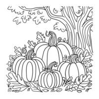 Autumn pumpkin patch coloring page with tree and fence in the background for kids and adults vector