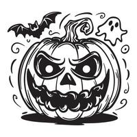 Spooky jack-o'-lantern with ghost and bat in black and white Halloween illustration vector