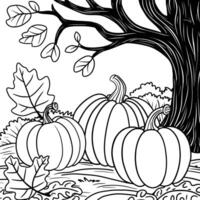 Autumn pumpkin patch coloring page with tree and fence in the background for kids and adults vector