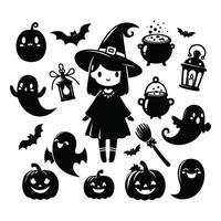 Collection of Halloween ghost and pumpkin icons with bats, witch hat, and cauldrons in black and white art vector
