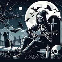 Skeleton playing guitar in moonlit graveyard with bats illustration vector