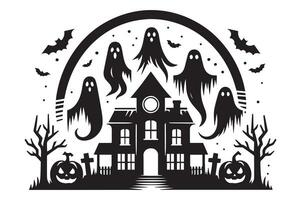 Halloween scene with haunted house, witch on broomstick, pumpkins, and bats in black and white art vector