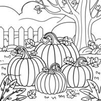 Autumn pumpkin patch coloring page with tree and fence in the background for kids and adults vector