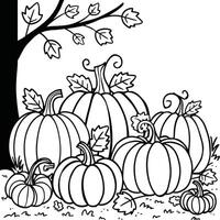 Autumn pumpkin patch coloring page with tree and fence in the background for kids and adults vector
