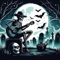 Skeleton playing guitar in moonlit graveyard with bats illustration vector