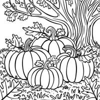 Autumn pumpkin patch coloring page with tree and fence in the background for kids and adults vector
