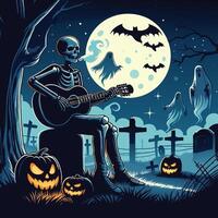 Skeleton playing guitar in moonlit graveyard with bats illustration vector
