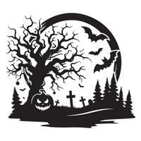 Halloween scene with haunted house, witch on broomstick, pumpkins, and bats in black and white art vector