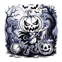 Halloween pumpkin-headed character with broomstick in spooky forest scene under full moon with bats vector