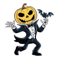 Halloween pumpkin head character in a tuxedo with a bat illustration vector