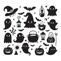 Collection of Halloween ghost and pumpkin icons with bats, witch hat, and cauldrons in black and white art vector