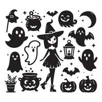 Collection of Halloween ghost and pumpkin icons with bats, witch hat, and cauldrons in black and white art vector