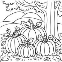 Autumn pumpkin patch coloring page with tree and fence in the background for kids and adults vector