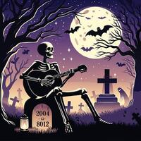 Skeleton playing guitar in moonlit graveyard with bats illustration vector