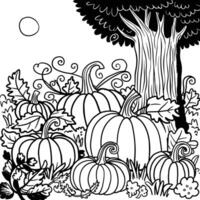 Autumn pumpkin patch coloring page with tree and fence in the background for kids and adults vector