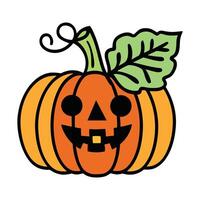 Cartoon pumpkin with a jack-o'-lantern face and green leaf vector