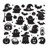 Collection of Halloween ghost and pumpkin icons with bats, witch hat, and cauldrons in black and white art vector