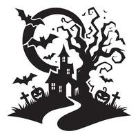 Halloween scene with haunted house, witch on broomstick, pumpkins, and bats in black and white art vector
