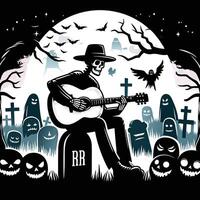 Skeleton playing guitar in moonlit graveyard with bats illustration vector