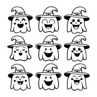 Set of Halloween ghost faces with witch hats showing various happy expressions in black and white vector