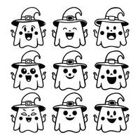 Set of Halloween ghost faces with witch hats showing various happy expressions in black and white vector