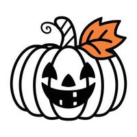 Cartoon pumpkin with a jack-o'-lantern face and green leaf vector