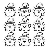 Set of Halloween ghost faces with witch hats showing various happy expressions in black and white vector