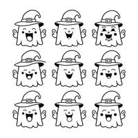 Set of Halloween ghost faces with witch hats showing various happy expressions in black and white vector