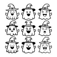 Set of Halloween ghost faces with witch hats showing various happy expressions in black and white vector